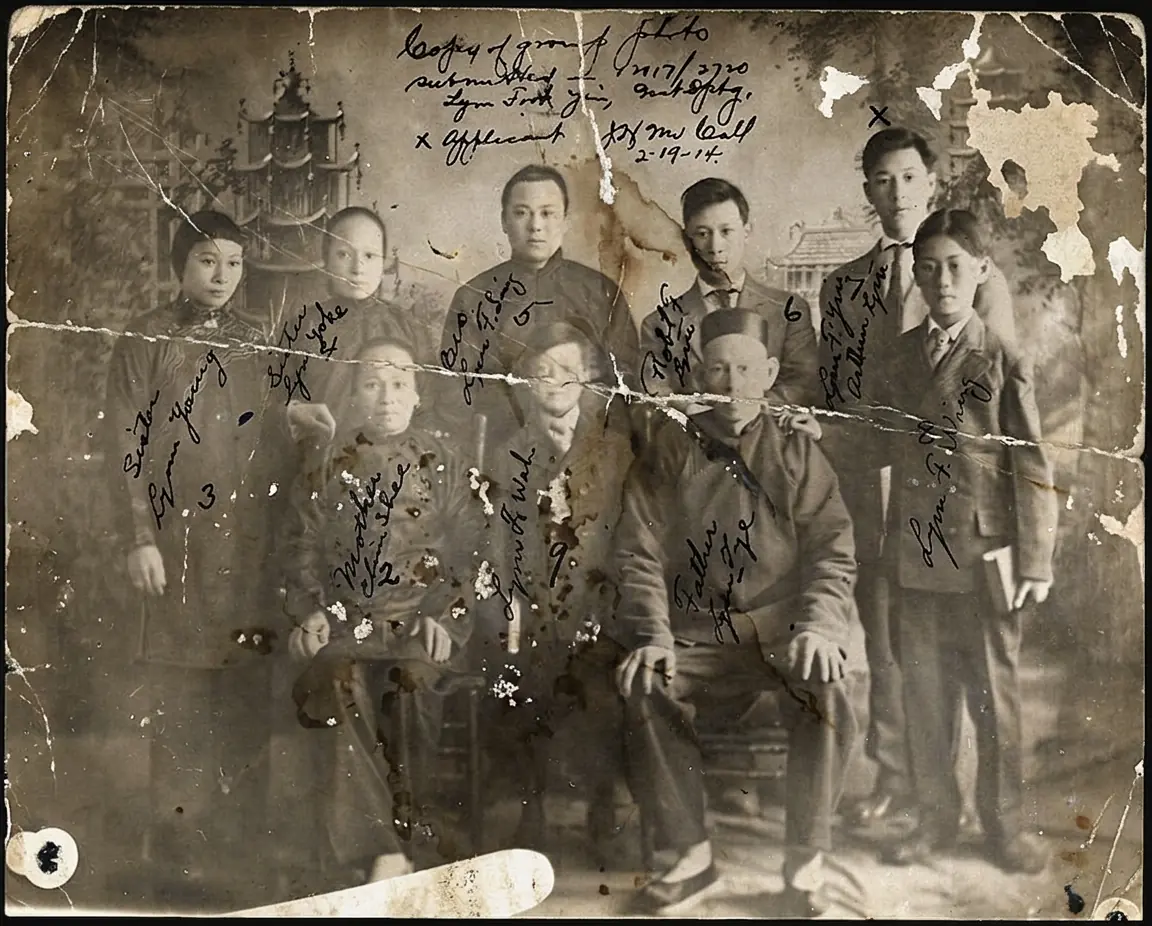 Родинний груповий портрет 1914 року, порваний і в плямах - пошкодження усунено, рукописні написи збережено точно як були, одяг у кольорі